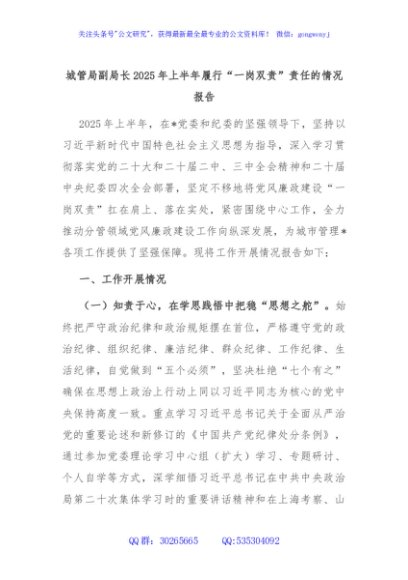城管局副局长2025年上半年履行“一岗双责”责任的情况报告