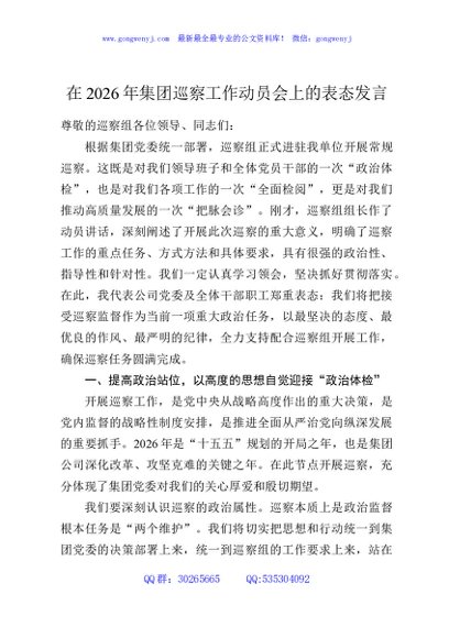 在2026年集团巡察工作动员会上的表态发言