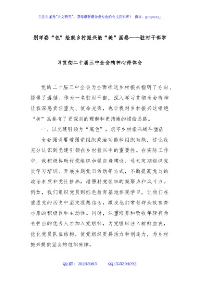别样姿“色”绘就乡村振兴绝“美”画卷——驻村干部学习贯彻二十届三中全会精神心得体会