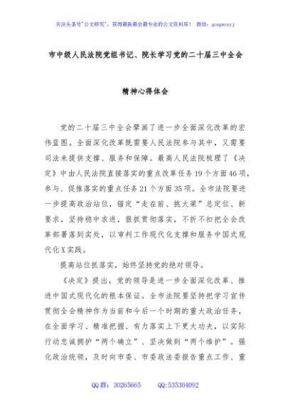 市中级人民法院党组书记、院长学习党的二十届三中全会精神心得体会