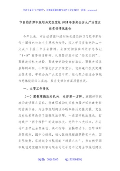 市自然资源和规划局党组党组2024年落实全面从严治党主体责任情况报告