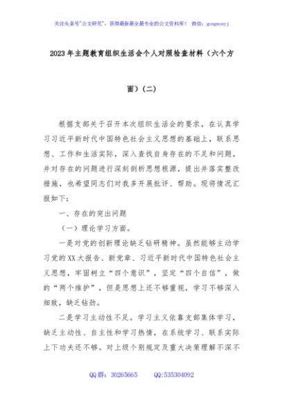 2023年主题教育组织生活会个人对照检查材料（六个方面）(二)