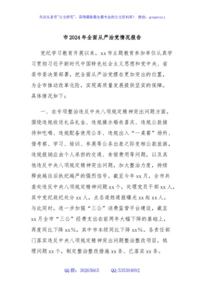 市2024年全面从严治党情况报告
