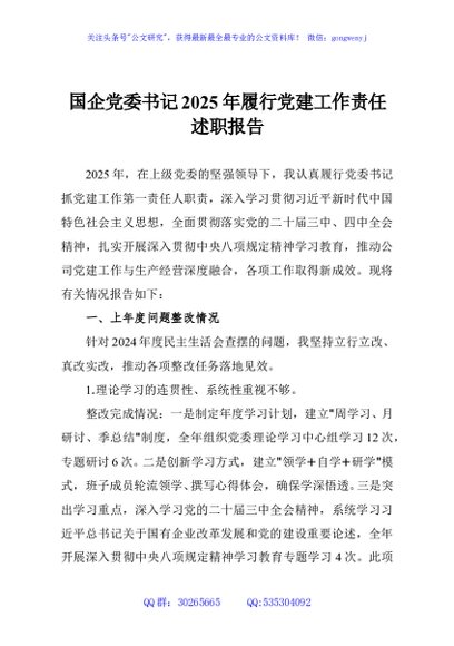 国企党委书记2025年履行党建工作责任述职报告