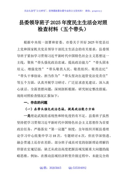 县委领导班子2025年度民主生活会对照检查材料（五个带头）