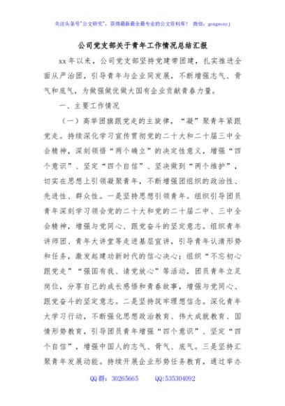 公司党支部关于青年工作情况总结汇报