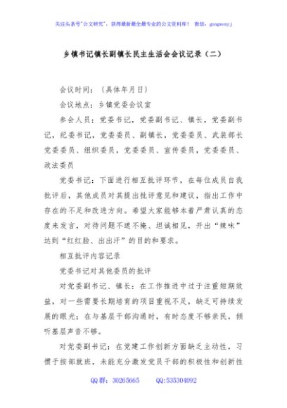 乡镇书记镇长副镇长民主生活会会议记录（二）