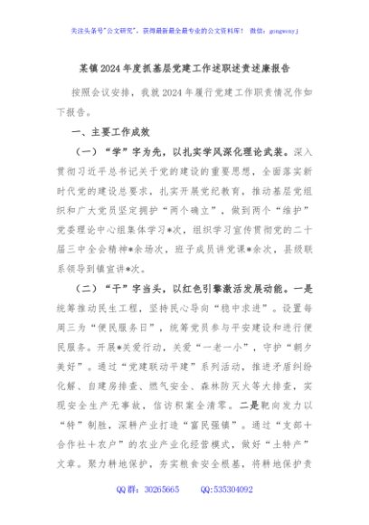某镇2024年度抓基层党建工作述职述责述廉报告
