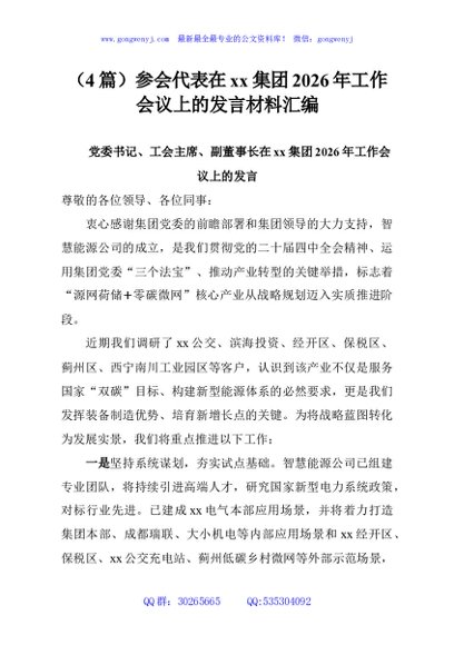 （4篇）参会代表在xx集团2026年工作会议上的发言材料汇编