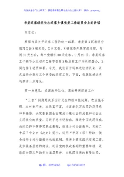 市委巡察组组长在巡察乡镇党委工作动员会上的讲话