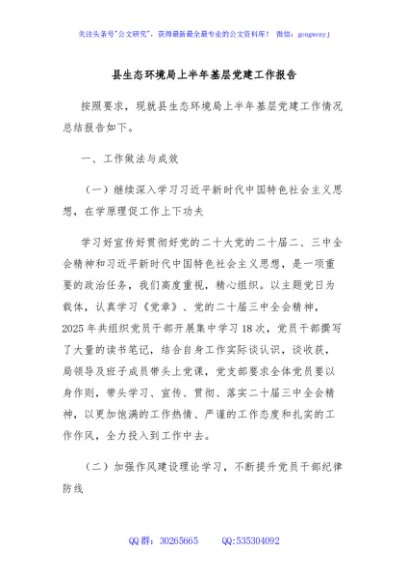 县生态环境局上半年基层党建工作报告