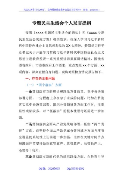专题民主生活会个人发言提纲