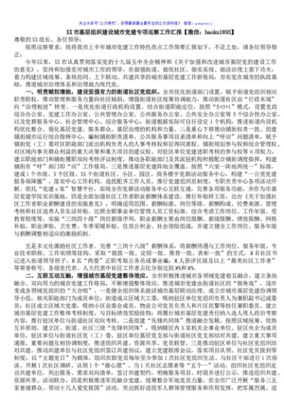 XX市基层组织建设城市党建专项巡察工作汇报