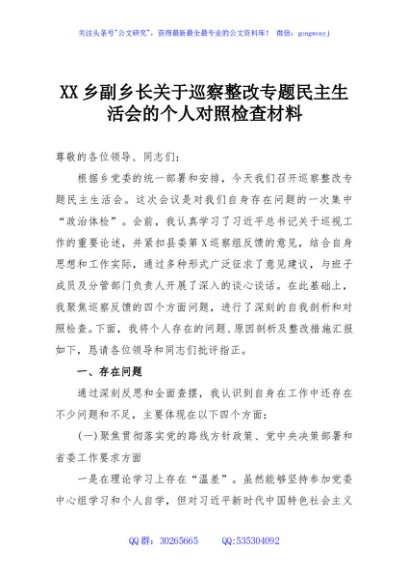 XX乡副乡长关于巡察整改专题民主生活会的个人对照检查材料