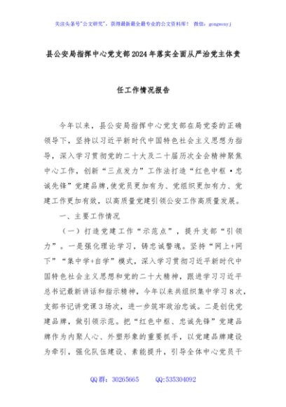 县公安局指挥中心党支部2024年落实全面从严治党主体责任工作情况报告 - 副本