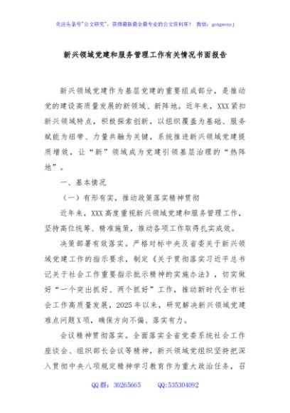 新兴领域党建和服务管理工作有关情况书面报告