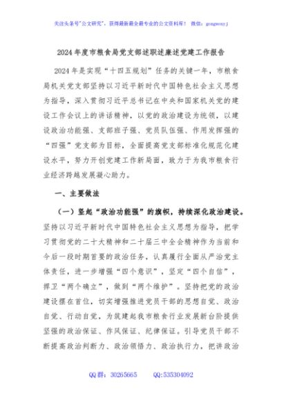 2024年度市粮食局党支部述职述廉述党建工作报告