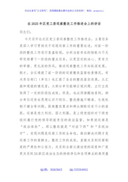 在2025年区党工委巡察整改工作推进会上的讲话