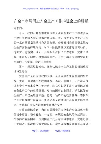 在全市市属国企安全生产工作推进会上的讲话