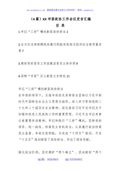 （4篇）XX市委政协工作会议发言汇编