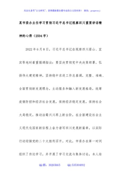 市委办主任四川重要讲话精神的心得