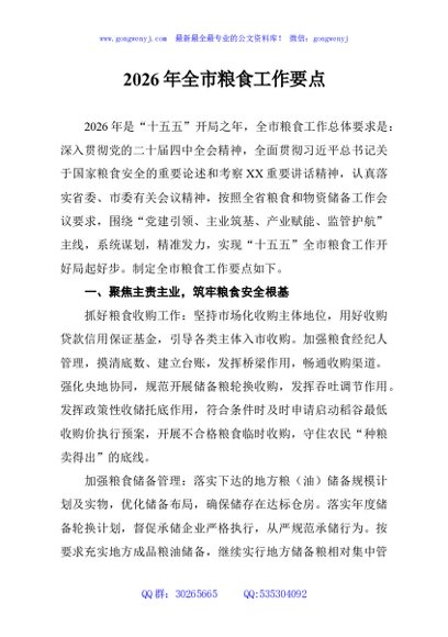 2026年全市粮食工作要点