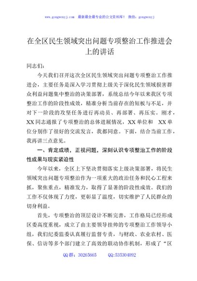 在全区民生领域突出问题专项整治工作推进会上的讲话
