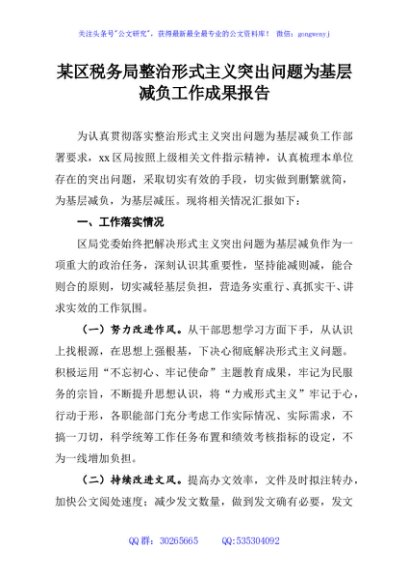 某区税务局整治形式主义突出问题为基层减负工作成果报告