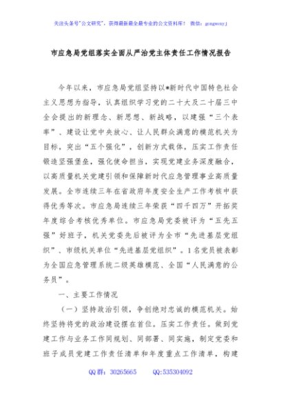 市应急局党组落实全面从严治党主体责任工作情况报告