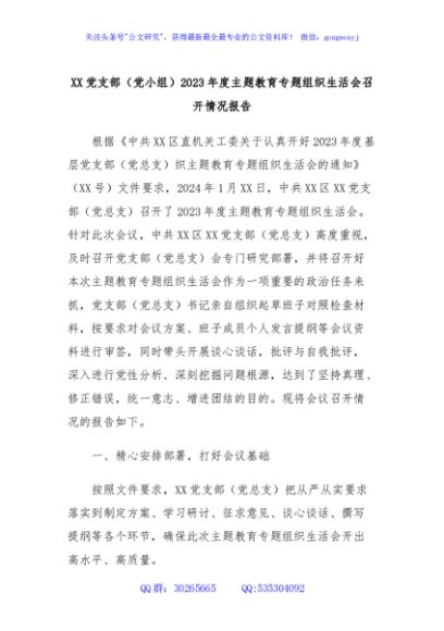 XX党支部（党小组）2023年度主题教育专题组织生活会召开情况报告