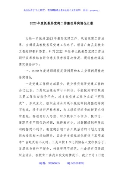 2023年度抓基层党建工作整改落实情况汇报