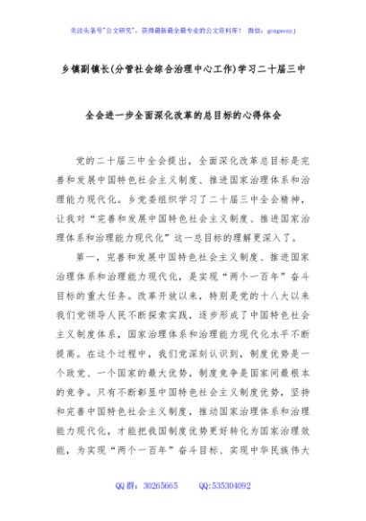 乡镇副镇长(分管社会综合治理中心工作)学习二十届三中全会进一步全面深化改革的总目标的心得体会