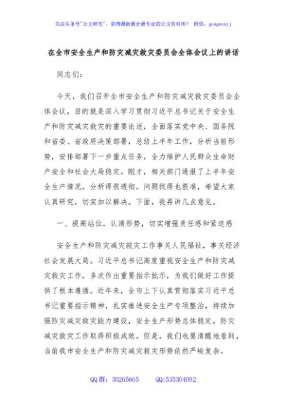 在全市安全生产和防灾减灾救灾委员会全体会议上的讲话