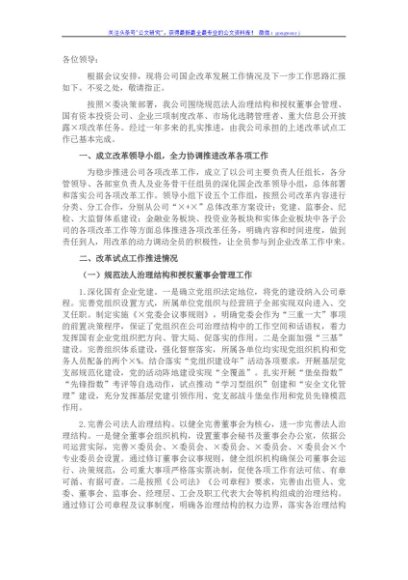 公司国企改革发展工作报告
