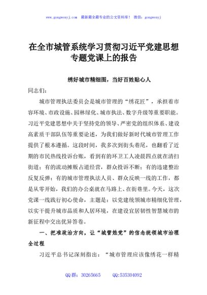 在全市城管系统学习贯彻习近平党建思想专题党课上的报告