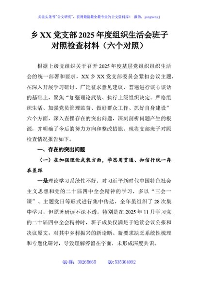 乡XX党支部2025年度组织生活会班子对照检查材料（六个对照）