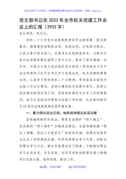 党支部书记在2023年全市机关党建工作会议上的汇报
