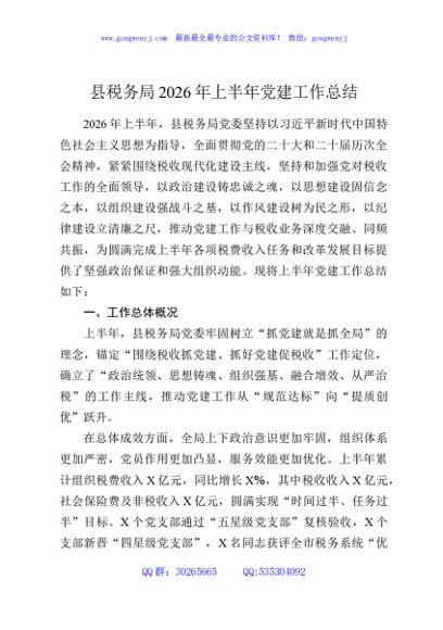 县税务局2026年上半年党建工作总结