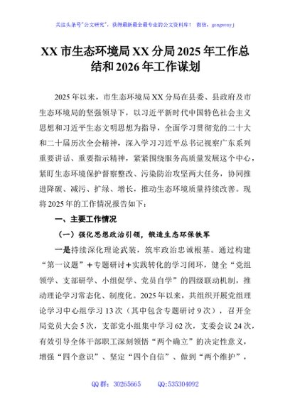 XX市生态环境局XX分局2025年工作总结和2026年工作谋划