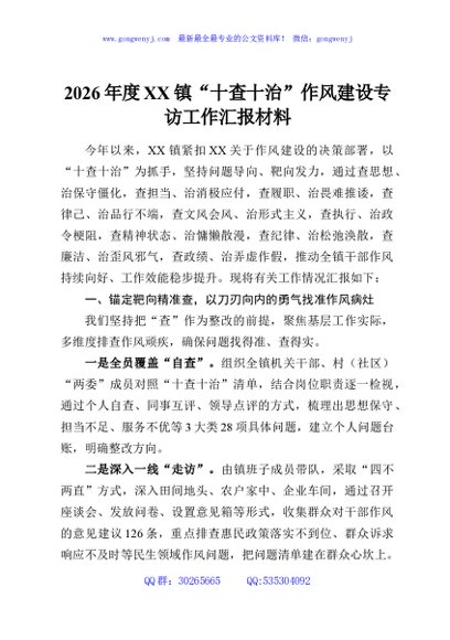 2026年度XX镇“十查十治”作风建设专访工作汇报材料