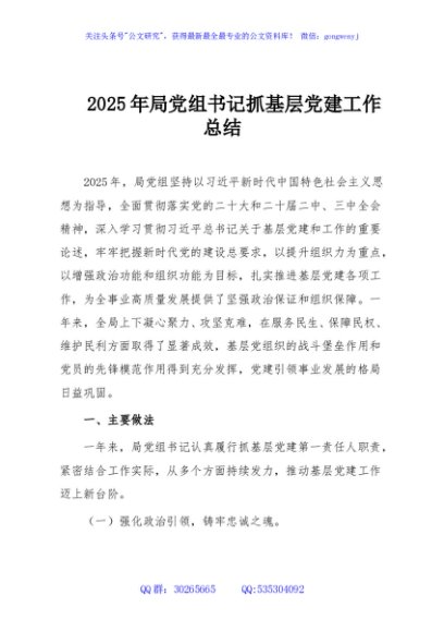 2025年局党组书记抓基层党建工作总结