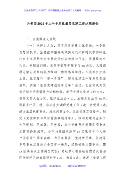 共青团2024年上半年度抓基层党建工作述职报告