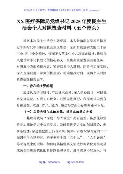 XX医疗保障局党组书记2025年度民主生活会个人对照检查材料（五个带头）