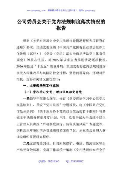 公司委员会关于党内法规制度落实情况的报告