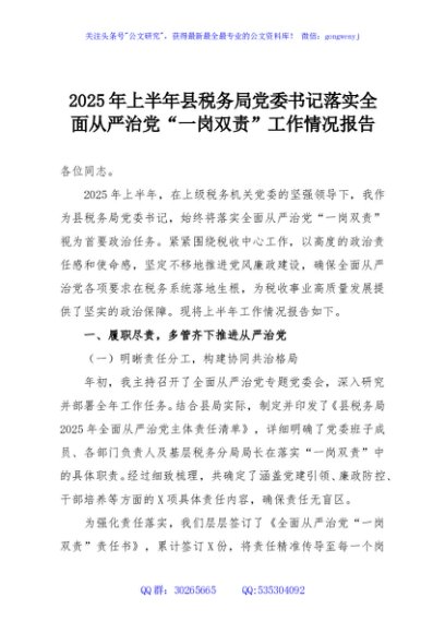 2025年上半年县税务局党委书记落实全面从严治党“一岗双责”工作情况报告