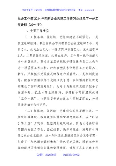 社会工作部2024年两新企业党建工作情况总结及下一步工作计划（3394字）