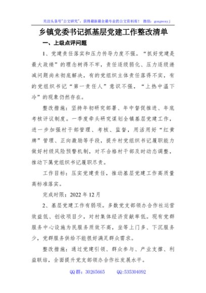 乡镇抓基层党建工作整改清单2600字