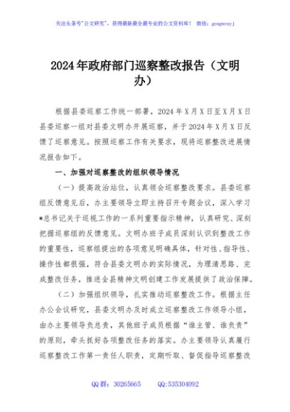 2024年政府部门巡察整改报告（文明办）