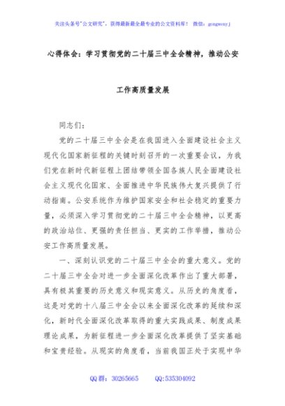 心得体会：学习贯彻党的二十届三中全会精神，推动公安工作高质量发展
