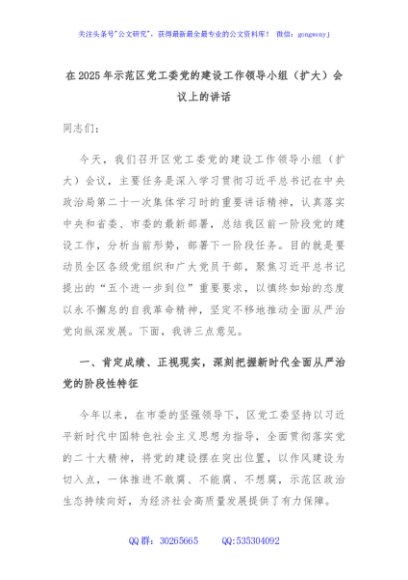 在2025年示范区党工委党的建设工作领导小组（扩大）会议上的讲话